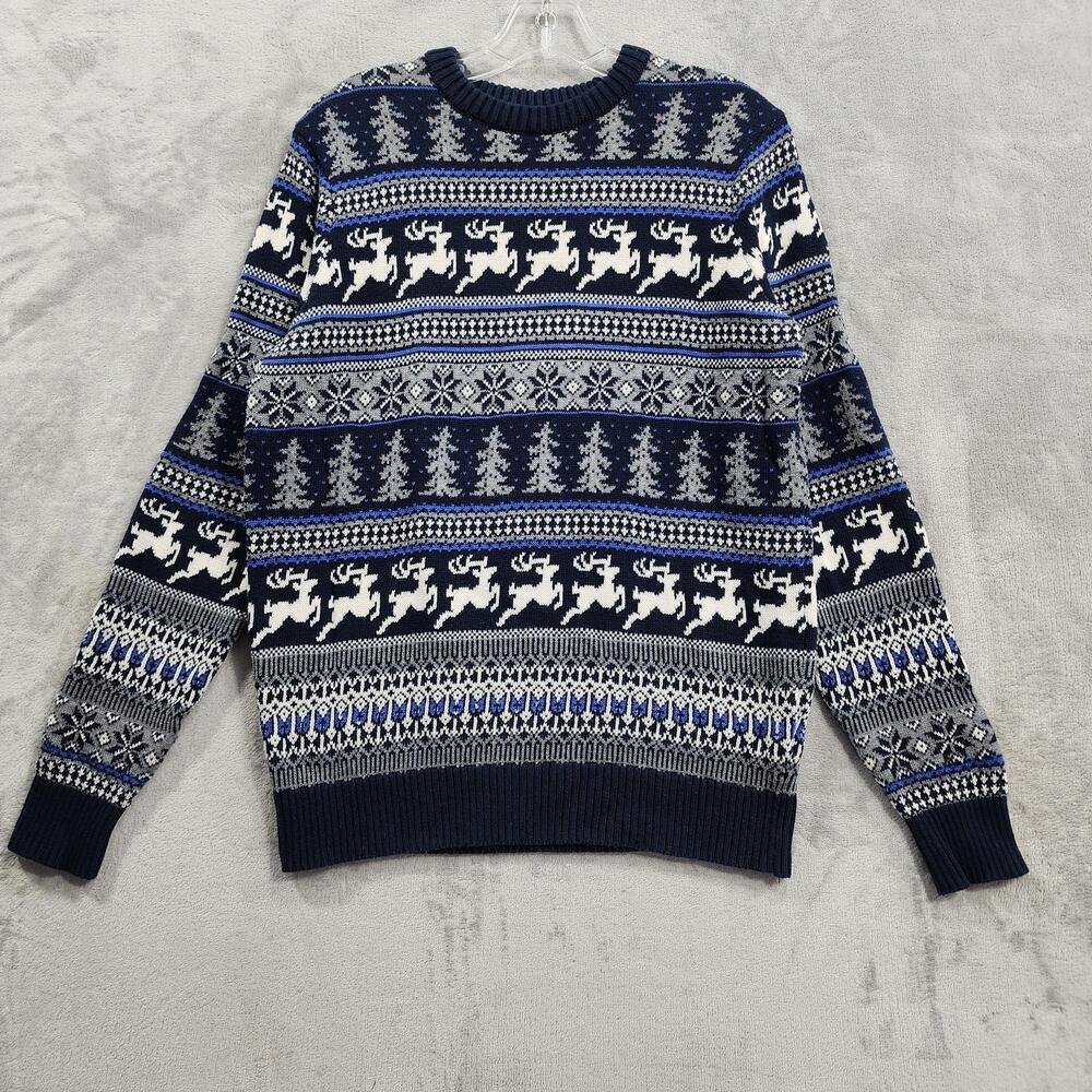 ASPEN Sweater Mens M Blue Fair Isle Reindeer Cotton Crew Neck Holiday Winter